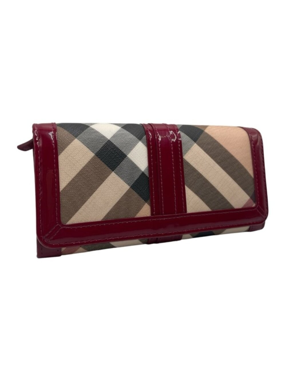Burberry House Check Continental Wallet Red Leather Patent Trim Plaid Wallet